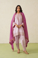 Noor Pink Embroidered Set with Organza Dupatta- Inchingindia