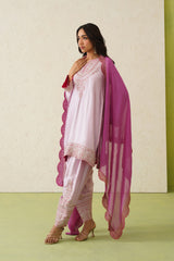 Noor Pink Embroidered Set with Organza Dupatta- Inchingindia