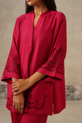 close up of cutwork embroidery on Naaz Rani Pink Cutwork Embroidered Co-ord Set