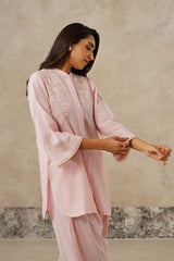 Naaz Blush Pink Linen Embroidered Co-ord Set, pintucks sleeves