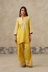 Full view of yellow Aari embroidered farshi salwar set for haldi