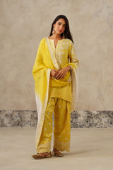 Woman wearing yellow Aari embroidered farshi salwar set for haldi with ombre dupatta, floral embroidery, yellow co-ord set