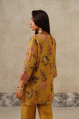 back view, Woman wearing yellow floral printed co-ord set with dupatta