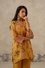 print plus embroidery, yellow coord set, floral print,