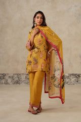 Woman wearing yellow floral printed co-ord set with dupatta