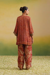 back view of rust printed farshi salwar set with embroidered neckline and dupatta