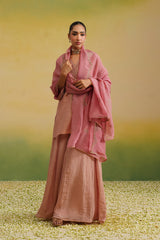 Full view of blush pink sharara setm with zardozi hand embroidery and pink organza dupatta