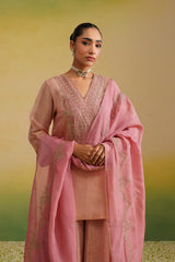 pink tissue sharara set with zardozi and zari hand embroidery and organza dupatta