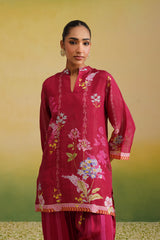 Woman wearing pink floral printed tissue co-ord set
