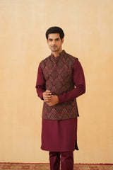 Wine Embroidered Paisley Jacket with Kurta & Pant- Inching India
