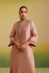 pink tissue kaftan, zardozi embroidery, hand embroidery, zoom in shot