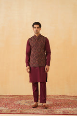 Wine Embroidered Paisley Jacket with Kurta & Pant- Inching India
