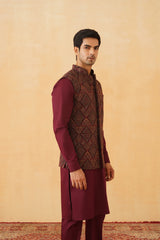 Wine Embroidered Paisley Jacket with Kurta & Pant- Inching India