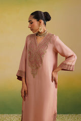 pink tissue kaftan, zardozi embroidery, hand embroidery, side view