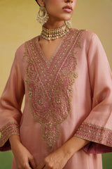 pink tissue kaftan, zardozi embroidery, hand embroidery, close up