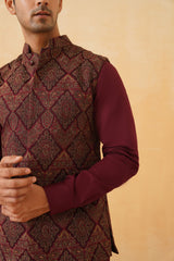 Wine Embroidered Paisley Jacket with Kurta & Pant- Inching India