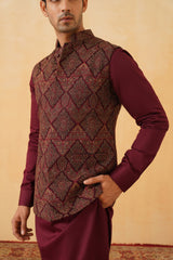 Wine Embroidered Paisley Jacket with Kurta & Pant- Inching India