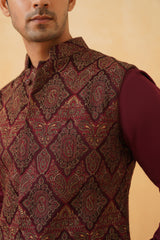 Wine Embroidered Paisley Jacket with Kurta & Pant- Inching India