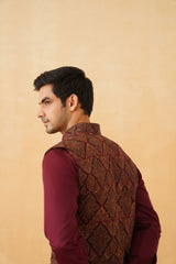 Wine Embroidered Paisley Jacket with Kurta & Pant- Inching India