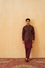 Wine Embroidered Paisley Jacket with Kurta & Pant- Inching India