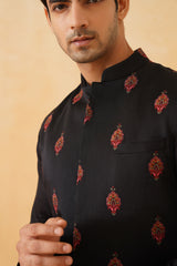 Black Embroidered Motif Jacket with Kurta & Pant- Inchingindia