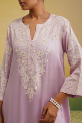 Close up of light pink Aari embroidered farshi salwar set