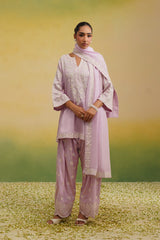 Woman wearing light pink Aari embroidered farshi salwar set with dupatta
