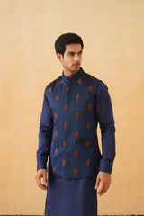 Blue Embroidered Motif Jacket with Kurta & Pant- Inchingindia