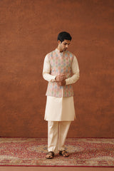 Cream colour Jacket with Kurta and Pant set
