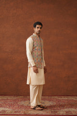 Cream colour Jacket with Kurta and Pant set