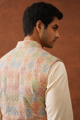 Cream colour Jacket with Kurta and Pant set