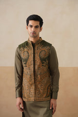 Olive Paisley Jacket with Kurta & Pant