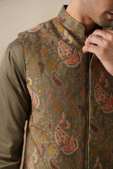 Olive Embroidered Paisley Jacket with Kurta & Pant