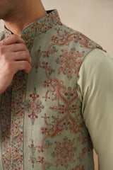 Mint Green Embroidered Jacket with Kurta & Pant