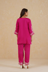 Hot Pink Contrast Embroidered Set- Inchingindia