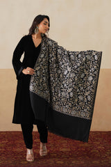 Black Aari-Embroidered Floral Jaal Shawl For Women