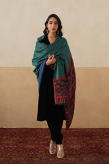 Emerald–Navy Reversible Floral-Border stole for Women