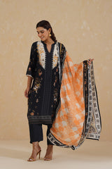 Floral Print Black Suit with Contrast Dupatta