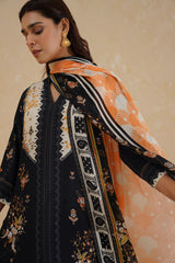 Floral Print Black Suit with Contrast Dupatta