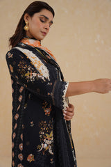 Floral Print Black Suit with Contrast Dupatta