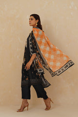 Floral Print Black Suit with Contrast Dupatta