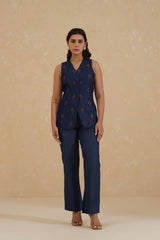 Denim Embroidered Waist Coat Set- Inchingindia