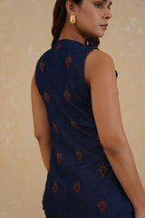 Denim Embroidered Waist Coat Set- Inchingindia