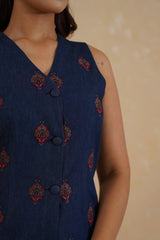 Denim Embroidered Waist Coat Set- Inchingindia
