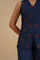 Denim Embroidered Waist Coat Set- Inchingindia