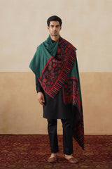 reversible green and blue shawl with multicolor floral border and striped palla