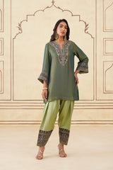 Green Crush Tissue Hand Embroidered Set with Organza Dupatta-Inching India