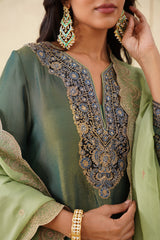 Green Crush Tissue Hand Embroidered Set with Organza Dupatta-Inching India