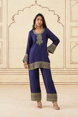 Navy Blue Embroidered Set with Green Organza Dupatta