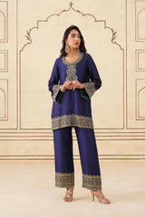 Navy Blue Embroidered Set with Green Organza Dupatta